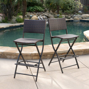 English Elm Christopher Knight Home® - Outdoor Wicker Barstools Foldable Faux Rattan Patio Bar Stools Set of 2 with Iron Frame, Footrest, 28" Seat Height, Multibrown Comfort 59958.00MBN