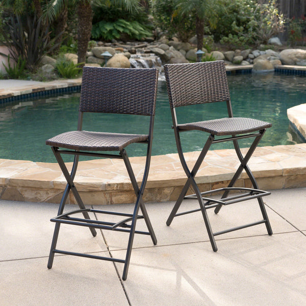 English Elm Christopher Knight Home® - Outdoor Wicker Barstools Foldable Faux Rattan Patio Bar Stools Set of 2 with Iron Frame, Footrest, 28" Seat Height, Multibrown Comfort 59958.00MBN