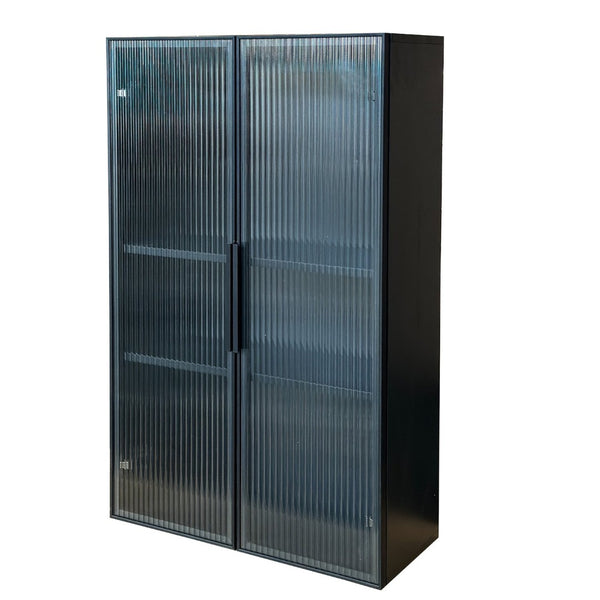 English Elm Wall Mounted Glass Door Cabinet Black Metal Frame Modern Storage for Bath or Kitchen W331P382347