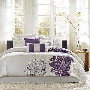 JLA Home Madison Park - Printed Cotton Sateen Comforter Set with Purple Floral Print, Taupe Bed Skirt & OEKO‑TEX Safety 90 L x 90 W x 1.5H MP10-257