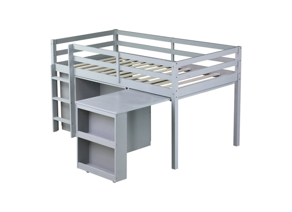 English Elm Twin Loft Bed With Storage Cabinets, Pull-Out Desk & Safety Guardrail - Sturdy Grey Rubberwood Design W504S00201-GIGA