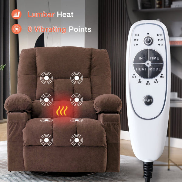 English Elm Massage Swivel Rocker Recliner with Heat Lumbar Relief and Usb Port for Living Room Brown W1521P478288