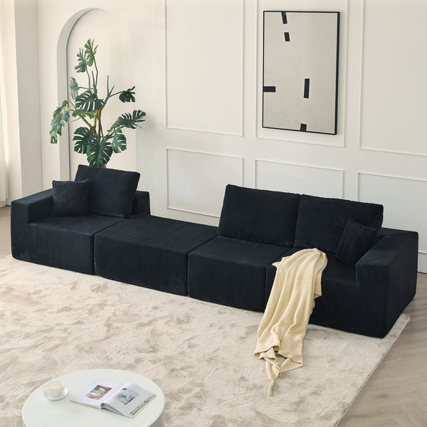 English Elm 110" Cloud Modular Sectional Sofa Boneless Corduroy 3-Seater with Ottoman & 2 Pillows, No Assembly, Luxurious Comfort Black W2656S00006