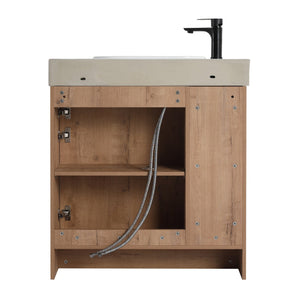 English Elm 30'' Freestanding vanity with white ceramic sink, soft-close doors, water-resistant melamine finish, modern handle design Imitative Oak W999P310754