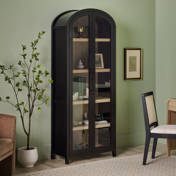 English Elm Walker Edison - Modern 5 Shelf Arched Tall Bookcase with Tempered Glass Doors, MDF Durability, Sleek Metal Handles, Showcase Pieces in Living and Office Spaces Black 72.31 L x 19.01 W x 15 H B185S00024
