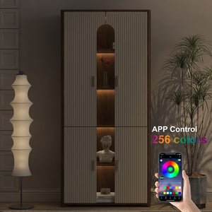 English Elm Display Cabinet with Led Lighting Glass Front Bookcase for Living Room or Office W1321S00054