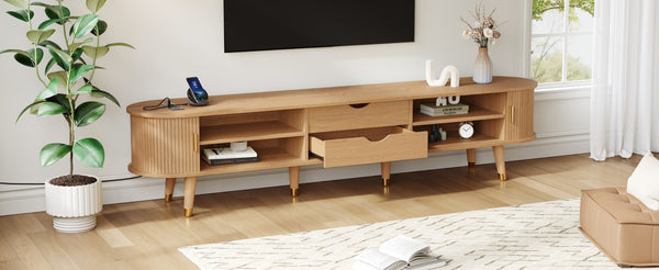 English Elm Wooden Fluted Tambour Media Console Mid Century Modern Tv Stand with Built in Charging Natural N721P428444L