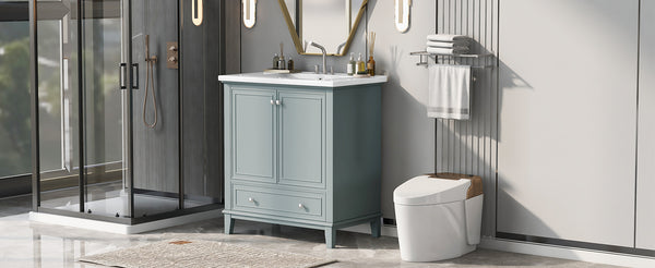 English Elm 30" Bathroom Vanity with Sink — Modern Freestanding 30" Cabinet with Ceramic Top, Drawer, Doors, Shelf Green N725P221263C