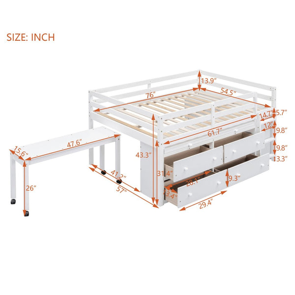 English Elm Full Size Kids Loft Bed Pinewood Frame Dual Study Desks Drawers and Open Shelving White LT000369AAK