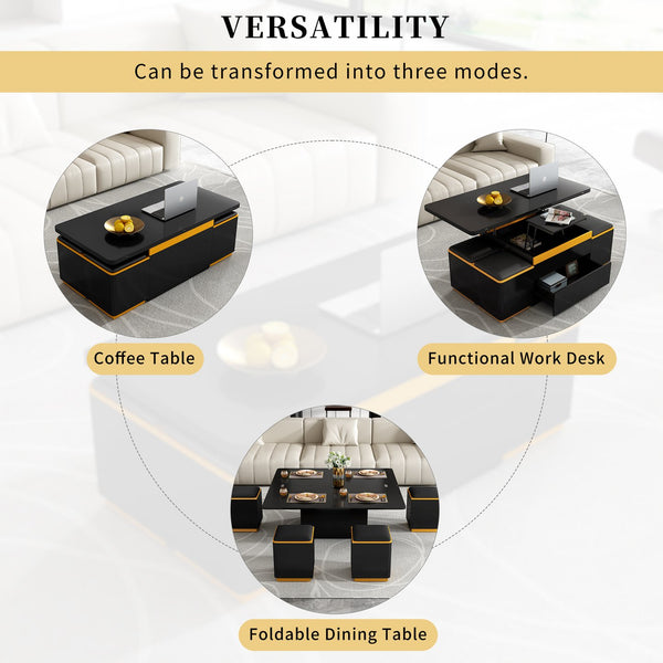 English Elm VIBE HAUS Lift-Top Coffee Table with Gold Trim, Foldable Workstation & Hidden Storage Stools Set Black N893S000010B