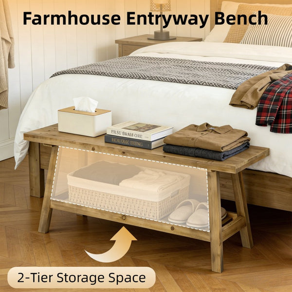 English Elm 43" Farmhouse Cedar Entryway Bench with Lower Shelf Distressed Rustic Wood Seating W3204P453623