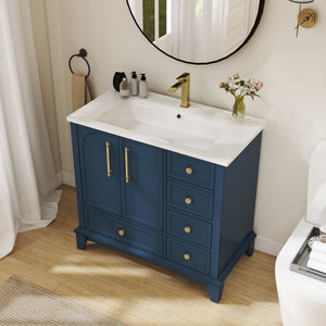 English Elm 35.6" Freestanding Bathroom Vanity with Roman Column Base and Ceramic Integrated Sink Blue W1801S00002