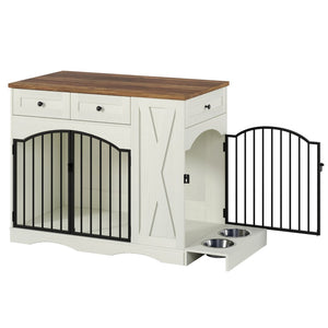 English Elm Go Farmhouse Wooden Dog Crate End Table with 3 Drawers and Built-in Pet Feeder N704P371282D