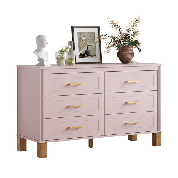 English Elm 6-drawer Double Dresser Solid Wood Legs Mid-century Modern Bedroom Storage Cabinet Pink W1445S00009