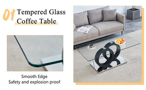 English Elm Modern Glass Top MDF Coffee Table with Interlocking Circle Base, Minimalist Living Room Centerpiece Black W3226P279046