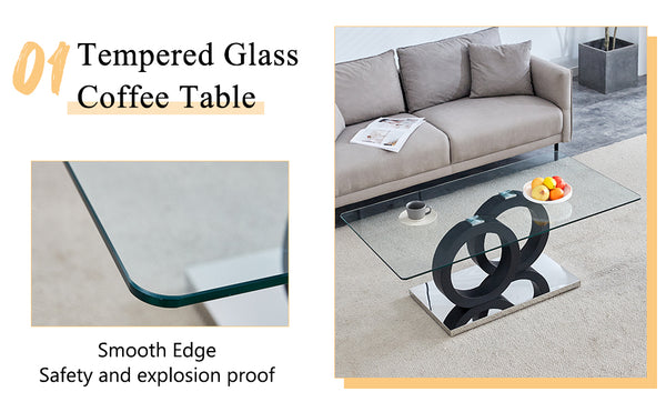 English Elm Modern Glass Top MDF Coffee Table with Interlocking Circle Base, Minimalist Living Room Centerpiece Black W3226P279046