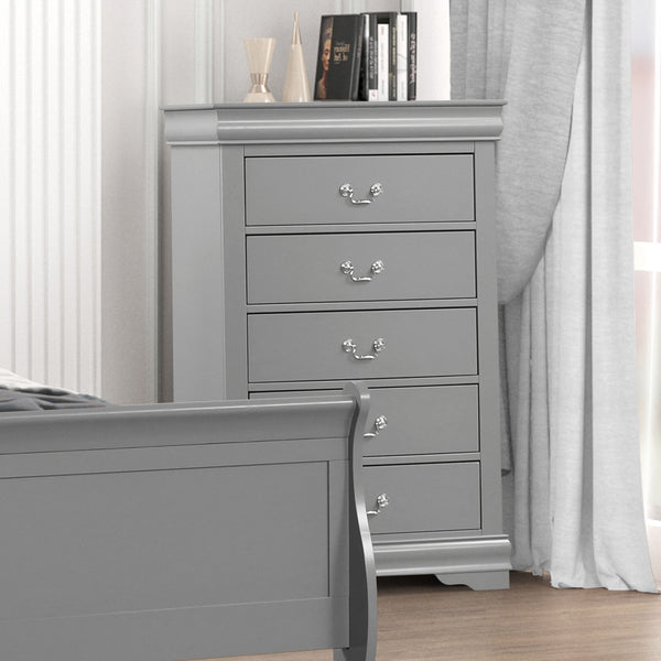English Elm 1pc Chest Transitional Weathered Finish 5-Drawer Tall Dresser with Dentil Molding and Metal Knobs Gray 19 L x 34 W x 52 H B2741P378512