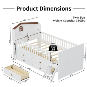 English Elm Twin Bed Frame with Storage Drawers and House Headboard, Kids Platform Bed with Guardrail Ladder and Shelf White 49.3 L x 16.25 W x 7.75 H N733S278032K