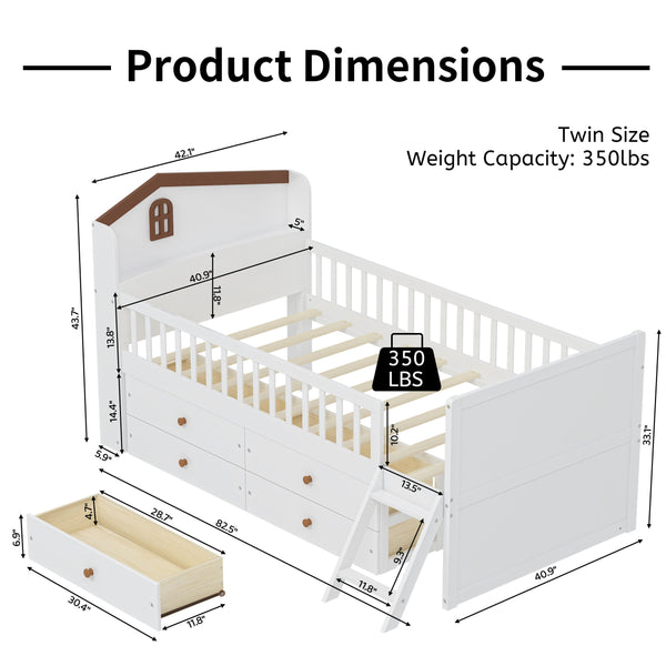 English Elm Twin Bed Frame with Storage Drawers and House Headboard, Kids Platform Bed with Guardrail Ladder and Shelf White 49.3 L x 16.25 W x 7.75 H N733S278032K