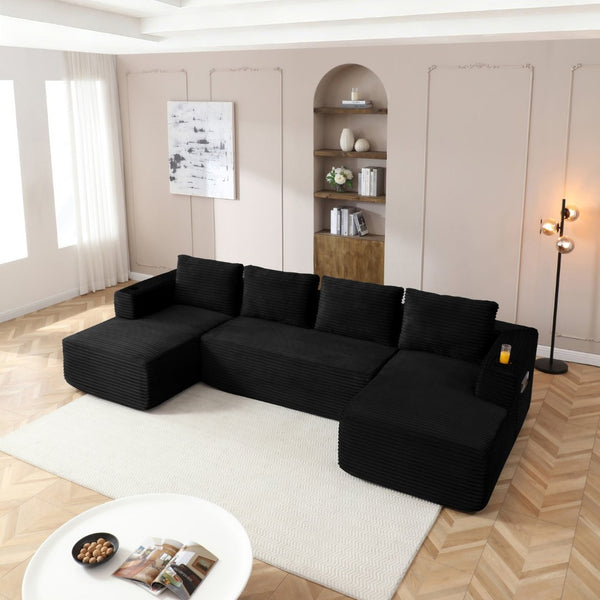 English Elm 132" Modular U Shaped Corduroy Sectional with Deep Seat Cupholders and Cloud Comfort W1117S00343