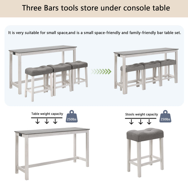 English Elm 4 Rustic Bar Table Set with Built-In Power, USB & Type-C, Water-Resistant Wood Grain Top, 59" L x 35.5" H Grey+White W1998P324488
