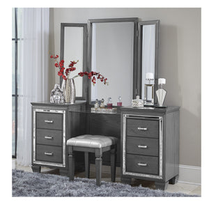 English Elm Modern Allura Tufted Vanity Stool with Acrylic Crystal Accent, Luxurious Faux Leather Seat, Chic Bedroom Accent Piece Gray 18.5 L x 17.25 W x 8.5 H B011P366053