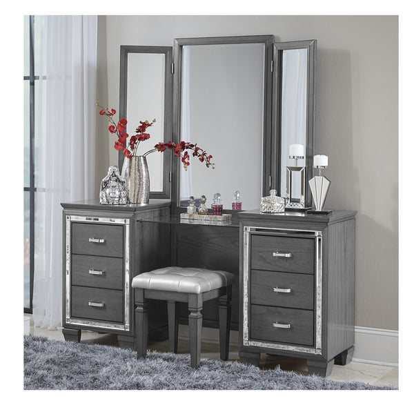 English Elm Modern Allura Tufted Vanity Stool with Acrylic Crystal Accent, Luxurious Faux Leather Seat, Chic Bedroom Accent Piece Gray 18.5 L x 17.25 W x 8.5 H B011P366053