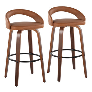 English Elm Fixed-height Swivel Barstools Walnut Bentwood Camel Faux Leather Kitchen Set of 2 B202S01857