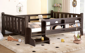 English Elm Twin Pine Floor Bed for Kids with Side Bookcases Built-in Stairs and Safety Guardrails Espresso W1580P390226