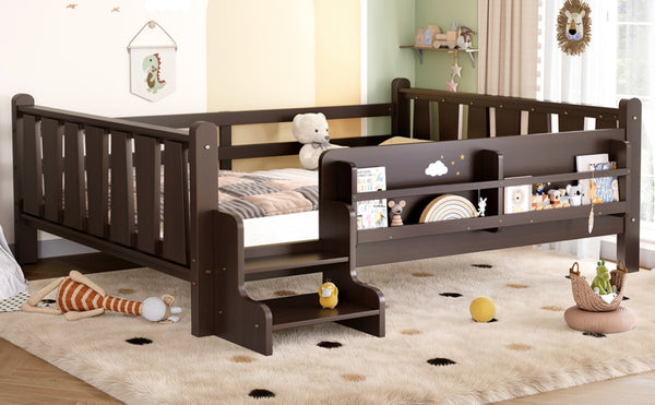 English Elm Twin Pine Floor Bed for Kids with Side Bookcases Built-in Stairs and Safety Guardrails Espresso W1580P390226