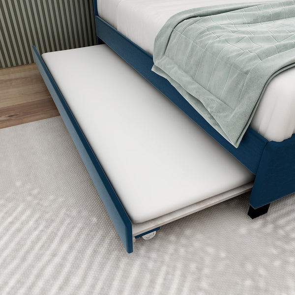 English Elm MODERN Velvet Queen Bed with Twin Trundle, 2 Storage Drawers, Gold Button Accents, 600lb Capacity Blue W1867S00013