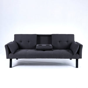 English Elm 70-inch Foldable Cotton Linen Sofa Bed with Cup Holder & Side Storage, Space-Saving 2-Seater Design DARK GREY W3371P337199