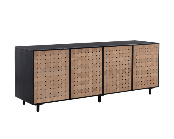 Sunpan Omari Sideboard - Stylish Suede Light Tan Leather with Unique Weaved Design and Matte Black Base Large - 80W x 22D x 30.5H
