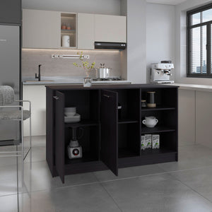 English Elm Kitchen Island With Two Cabinets & Three Open Shelves – Stylish, Eco-Friendly, And Spacious Design! B097S00198