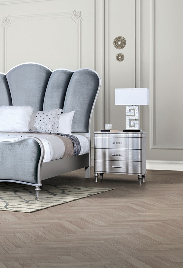 English Elm 1pc Nightstand Scalloped Serpentine Front Bedside Table with Chrome Pulls Elegant Art Deco Flair Silver 31 L x 20 W x 28 H B011P326225