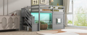 English Elm Twin Loft Bed Pinewood Frame with Storage Staircase Led Lighting and Window Cutout Gray GX000436AAE