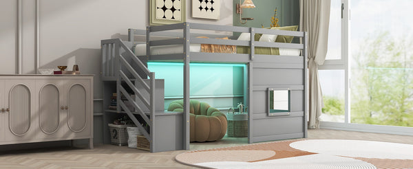 English Elm Twin Loft Bed Pinewood Frame with Storage Staircase Led Lighting and Window Cutout Gray GX000436AAE