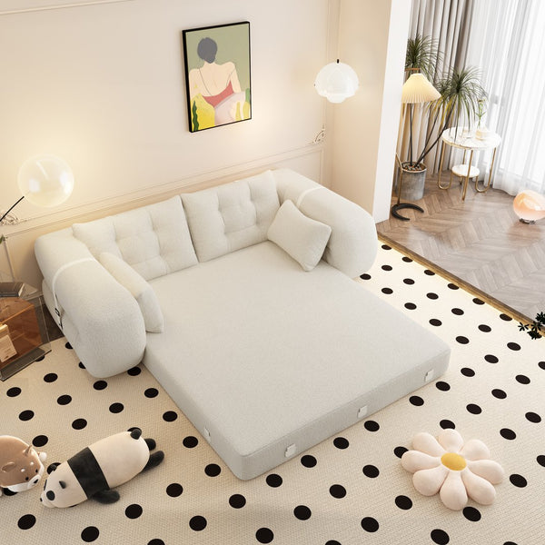 English Elm Human 78.7" Multi-Functional Foldable Sofa Bed – 3-in-1 Teddy Foam Sleeper, Removable Cushions, 2-Seater Guest Lounge Beige+White W1885P277275