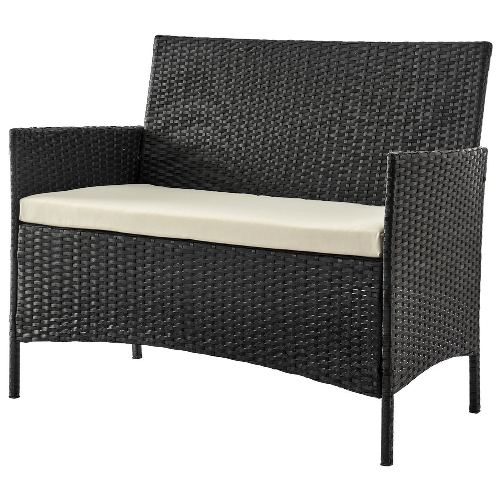 English Elm Imperia 3-Piece Conversation Set with Removable Washable Cushions, Tempered Glass End Table, Weatherproof Rattan Frame Black+Cream B365P398243