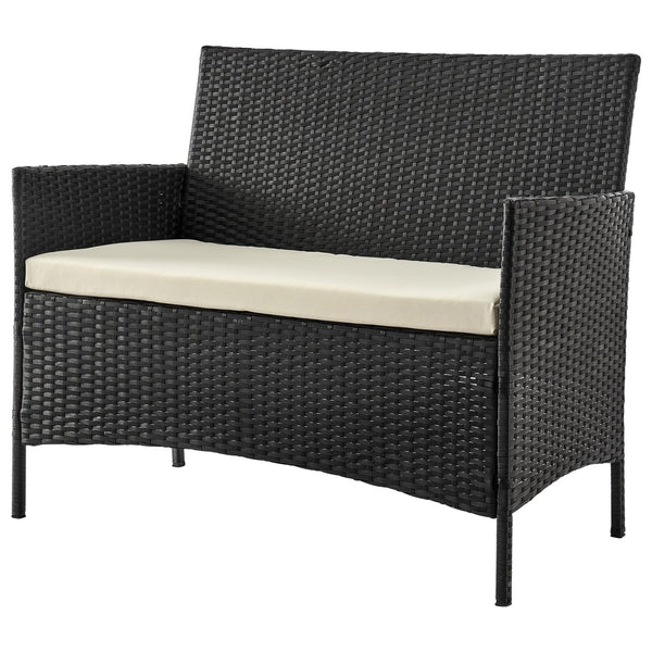 English Elm Imperia 3-Piece Conversation Set with Removable Washable Cushions, Tempered Glass End Table, Weatherproof Rattan Frame Black+Cream B365P398243