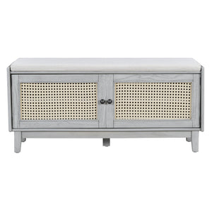 English Elm Trexm Bohemian Rattan Storage Bench Cushioned Seat Shoe Cabinet for Entryway Beige,Gray Wash N715P308012E