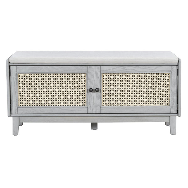 English Elm Trexm Bohemian Rattan Storage Bench Cushioned Seat Shoe Cabinet for Entryway Beige,Gray Wash N715P308012E