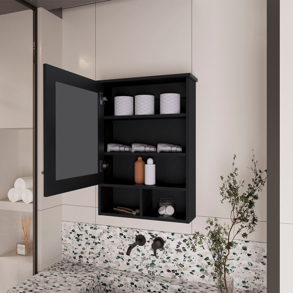 English Elm Medicine Cabinet Gibson Black Mirrored Door Wall Storage with Hidden & Open Shelves, Space-Saving Design B092P238758
