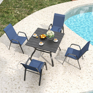 English Elm 5-piece Outdoor Dining Set Wood Grain Table Stackable Chairs Uv Resistant Patio Black,Navy Blue W3979S00036