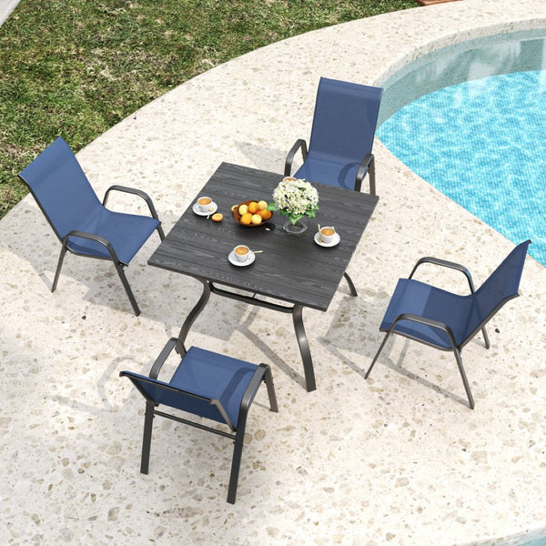 English Elm 5-piece Outdoor Dining Set Wood Grain Table Stackable Chairs Uv Resistant Patio Black,Navy Blue W3979S00036
