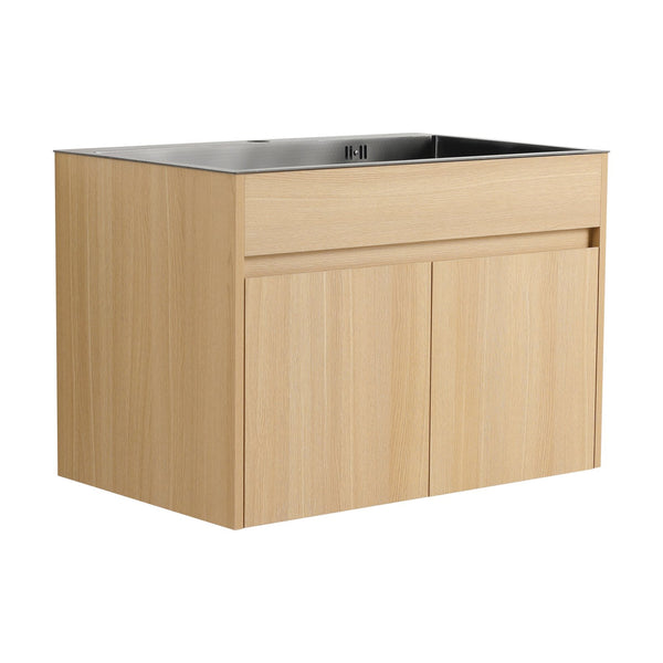 English Elm 28" Wall Mounted Bathroom Vanity with Gun-Gray Stainless Sink, Soft-Close Doors, Plywood, Oak Finish, KD W999P376889