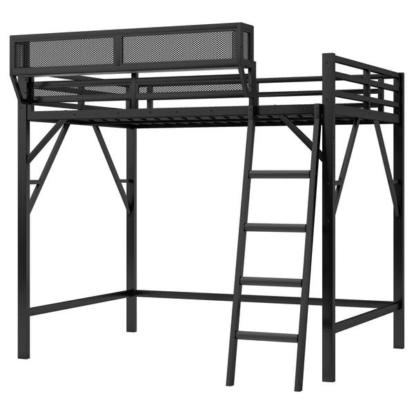 English Elm Full Size Loft Bed with Ladder and Built-In Shelves, Sturdy Metal High Loft for Kids Teens 54" Black W2580P379998