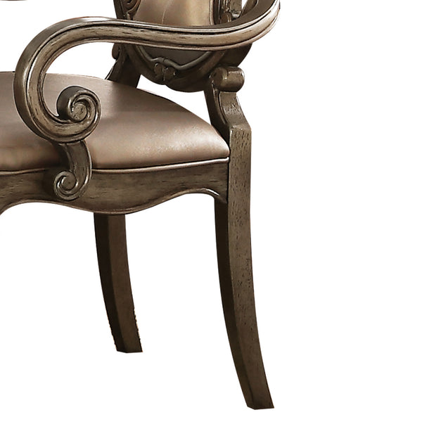 English Elm Vintage Tufted Arm Chairs (Set of 2) with Button-Back, Scrolled Crown Molding & Cabriole Legs — Vintage Oak Finish, Padded Seat Durable Wood Apron B062P209277