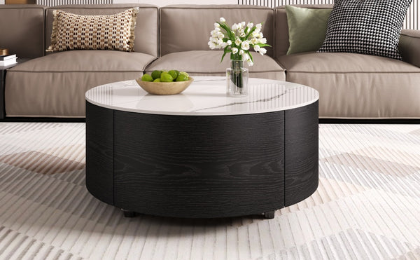 English Elm Modern Round Coffee Table with Sintered Stone Marble Top, Locking Casters, 2 Soft-Close Drawers, Space-Saving Design Black N735P328523B