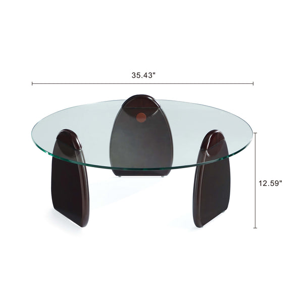 English Elm Artesia Tempered Glass Top Wood Coffee Table in Walnut — 35.4" Round Modern Solid Wood Base, Sturdy Elegant Design B365S00056